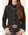 Roper Girls' Windowpane Plaid Print Fancy Yoke Long Sleeve Pearl Snap Western Shirt  , Brown, hi-res
