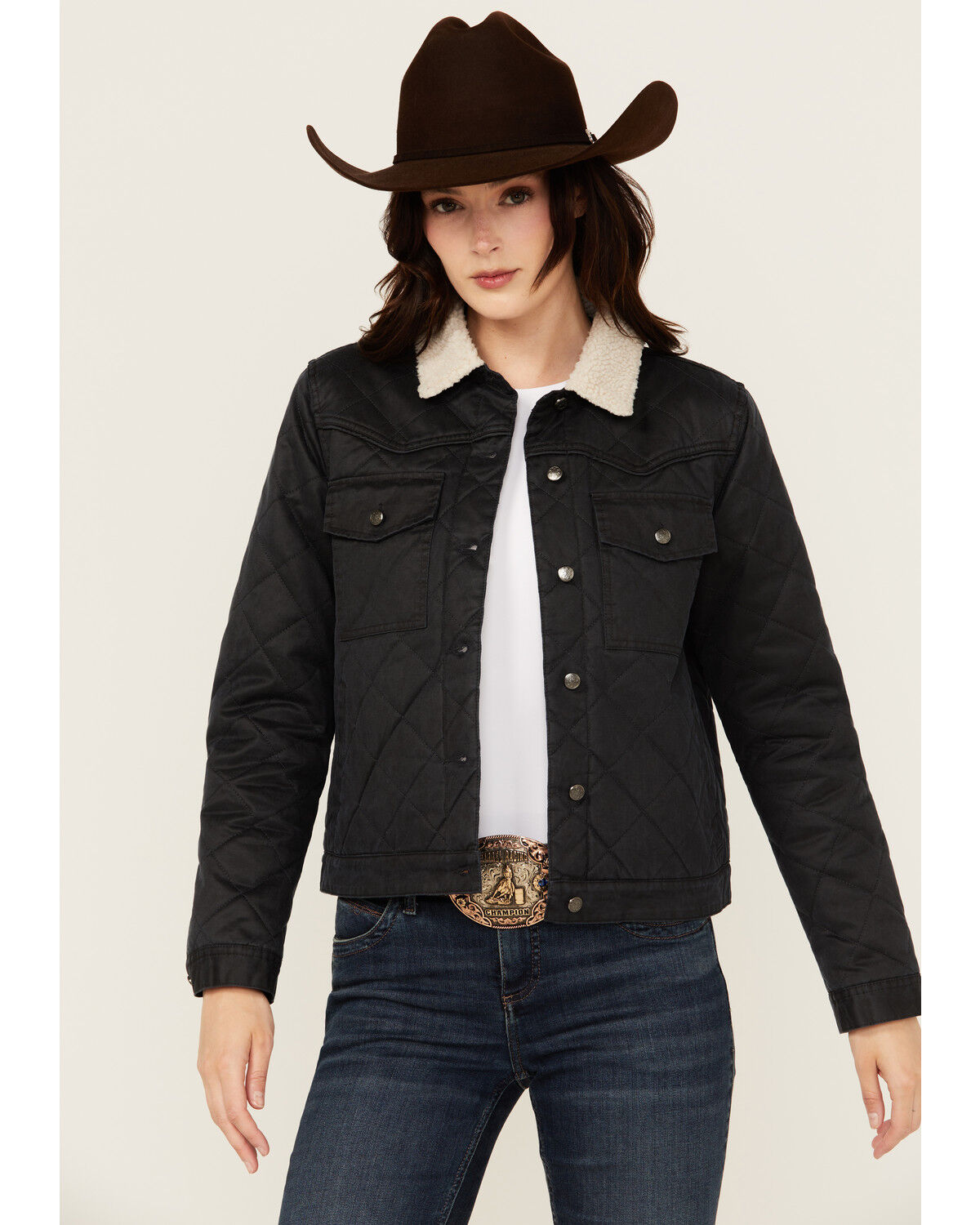 Image #1 - Shyanne Women's Oil Skinned Quilted Sherpa Trimmed Jacket, Navy, hi-res