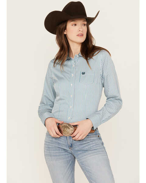 Image #1 - Cinch Women's Striped Long Sleeve Button Down Western Shirt, Multi, hi-res