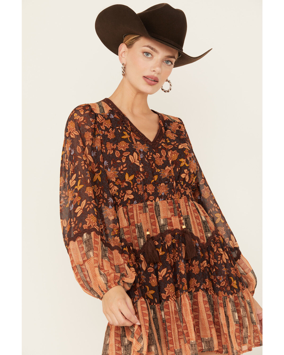 Image #2 - Miss Me Women's Floral Print Long Sleeve Mini Dress, Burgundy, hi-res