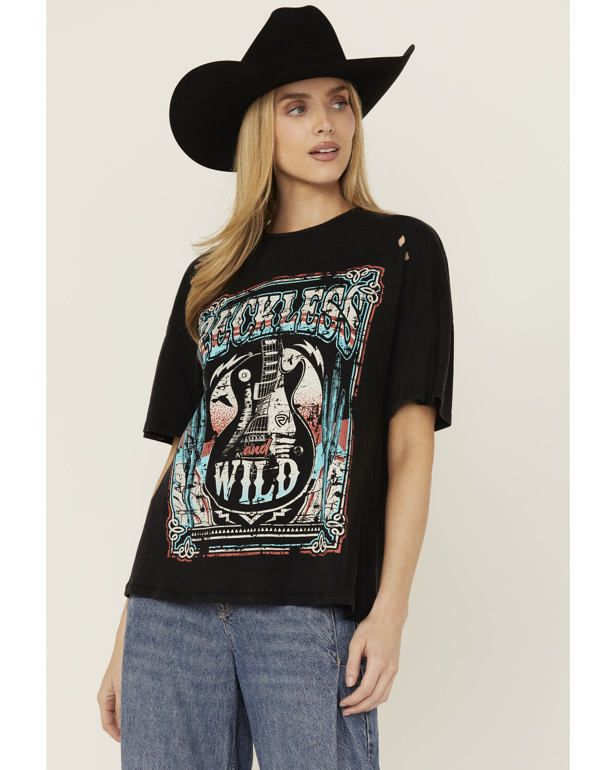 Image #1 - Rock & Roll Denim Women's Reckless and Wild Guitar Short Sleeve Graphic Tee, Black, hi-res