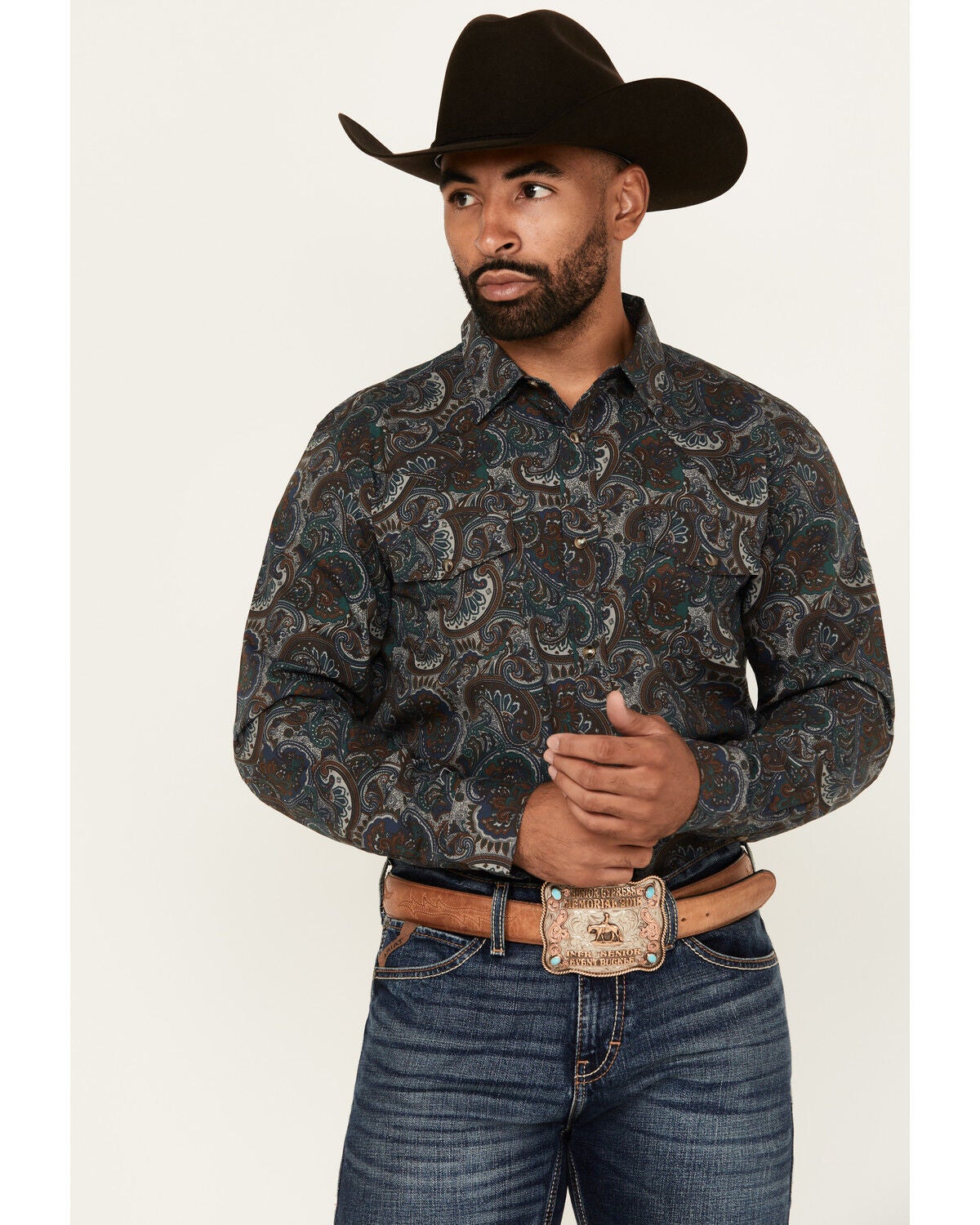 Gibson Trading Co Men's Crazy Paisley Print Long Sleeve Snap Western Shirt, Teal, hi-res