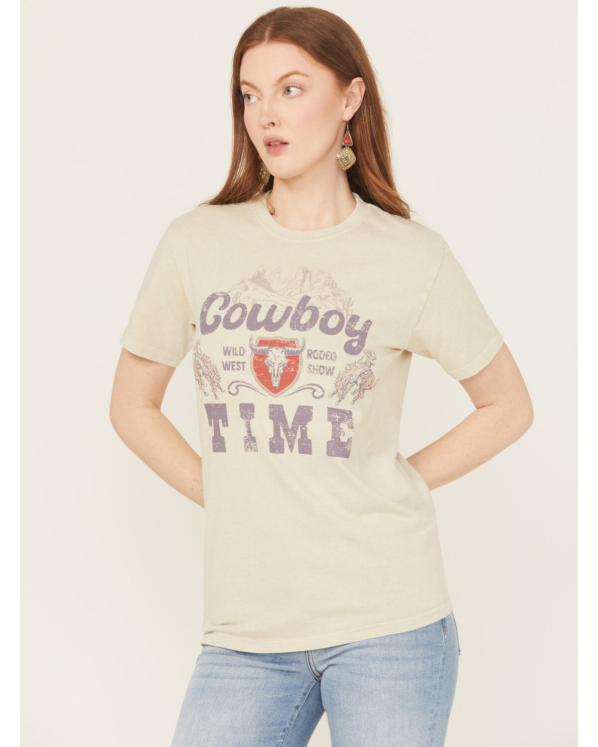 Image #1 - Youth in Revolt Women's Cowboy Time Short Sleeve Graphic Tee, Cream, hi-res