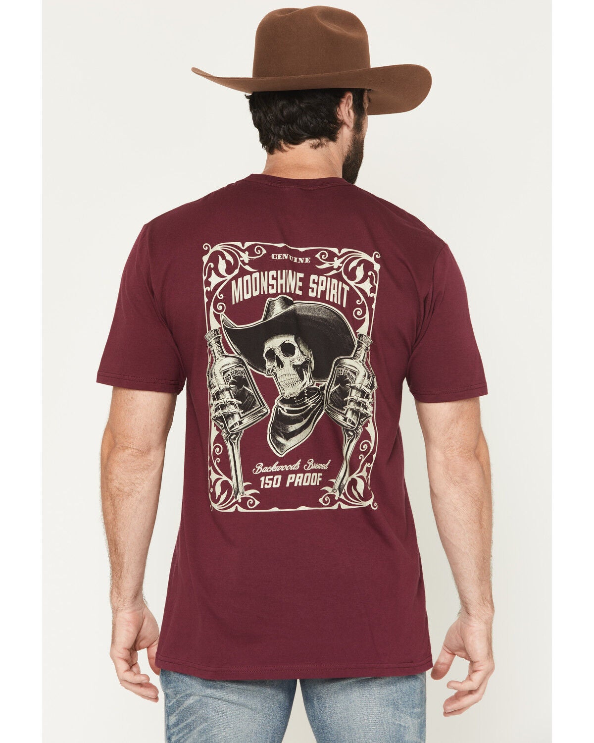 Image #1 - Moonshine Spirit&reg; Men's Backwoods Skeleton Short Sleeve Graphic T-Shirt, Burgundy, hi-res