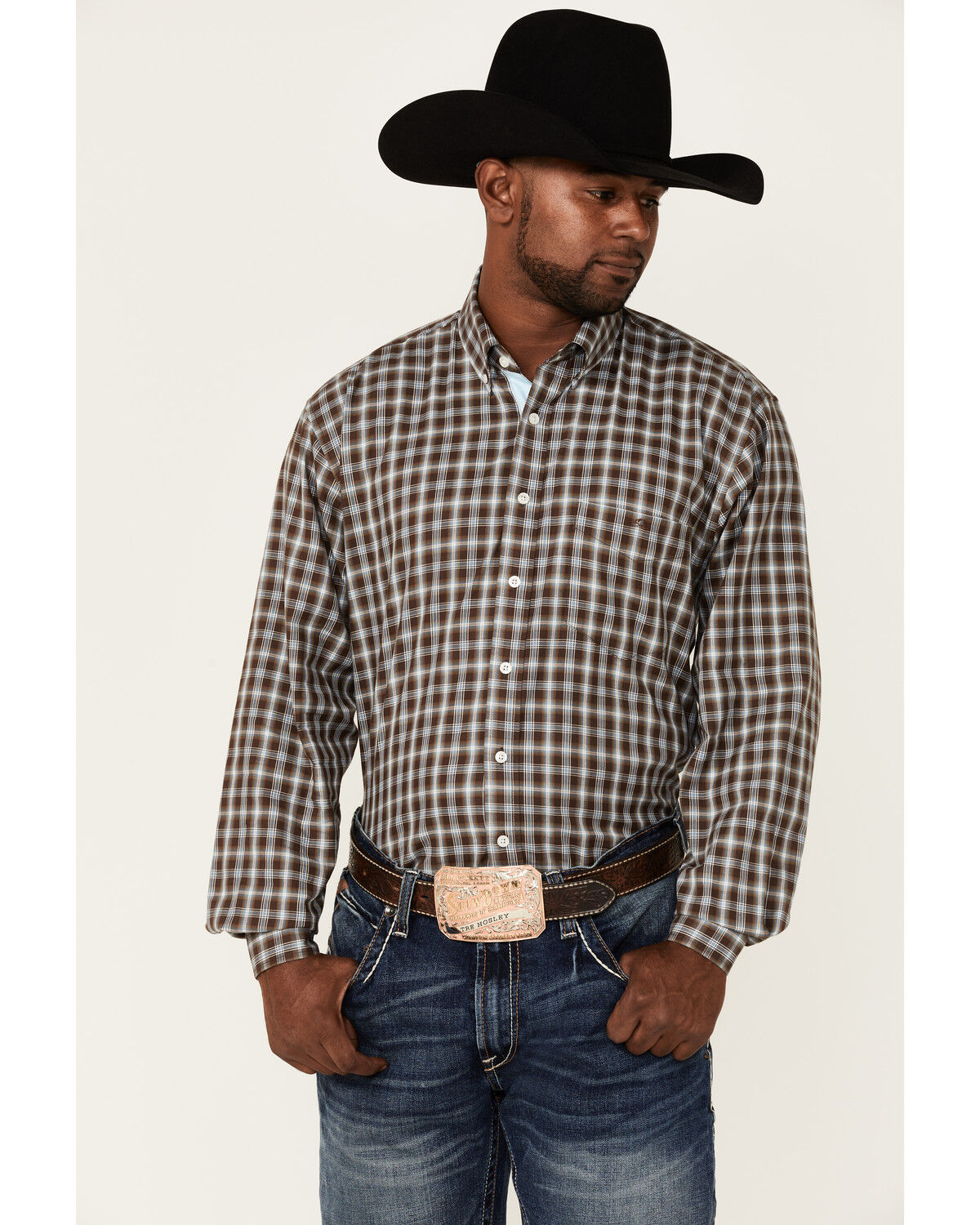 Image #1 - Resistol Men's Quincy Small Plaid Long Sleeve Button Down Western Shirt, Blue, hi-res