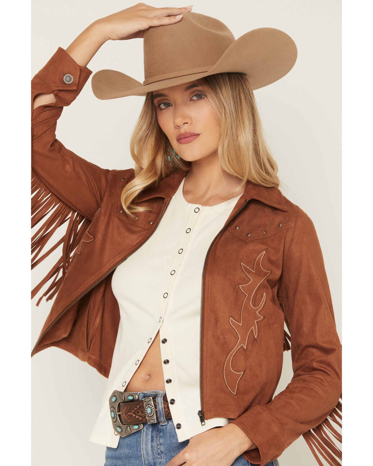 Image #5 - Idyllwind Women's Juniper Faux Suede Boot Stitched Fringe Zip-Up Jacket, Caramel, hi-res