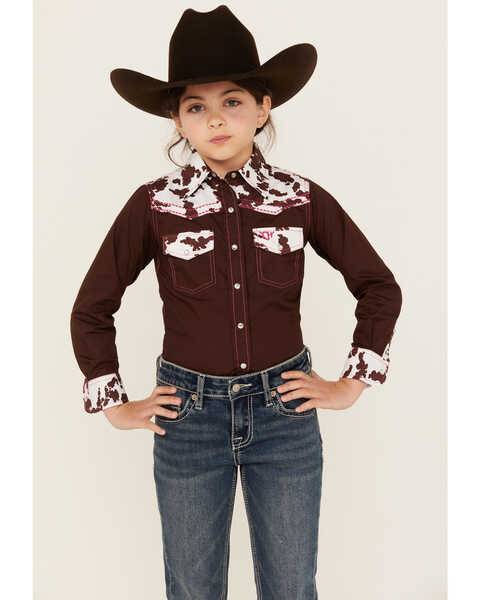 Cowgirl Hardware Girls' Cow Print Yoke Long Sleeve Snap Western Shirt , Brown, hi-res