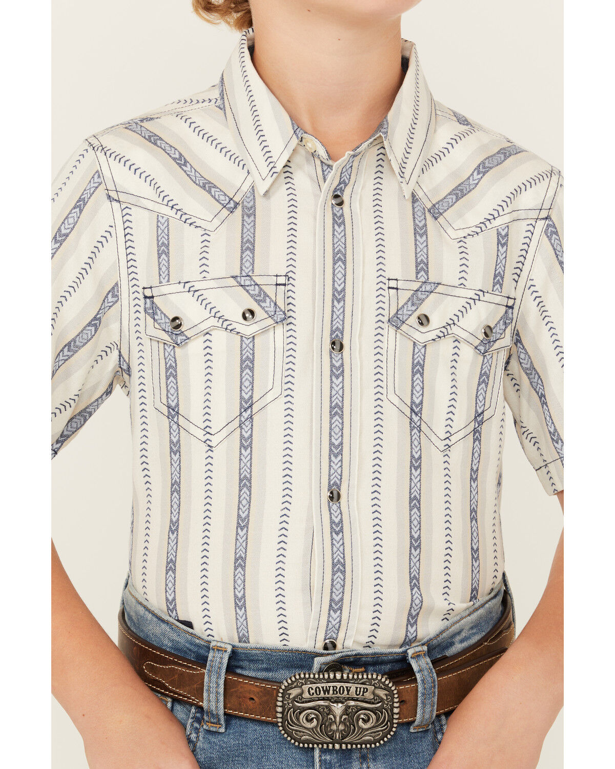 Image #3 - Cody James Boys' Southwestern Dobby Striped Short Sleeve Snap Western Shirt, Ivory, hi-res