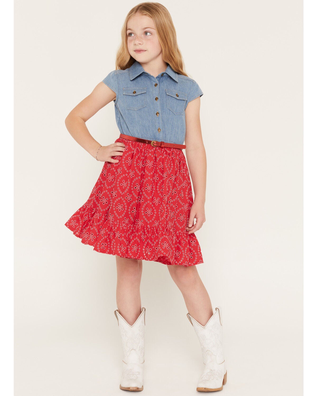 Sugar California Girls' Lace Denim Dress, Red, hi-res