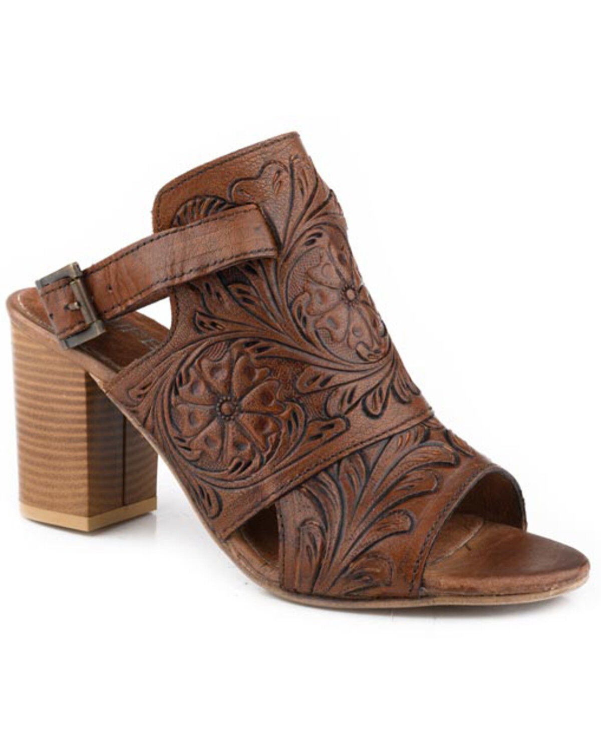 Roper Women's Mika Backstrap Tooled Heels, Tan, hi-res