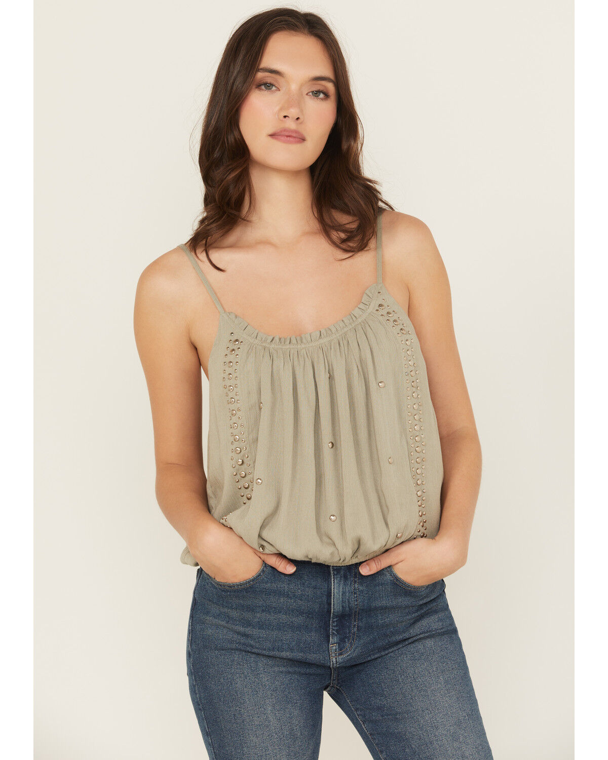 Image #2 - Rock & Roll Denim Women's Studded Elastic Hem Cami, Sage, hi-res