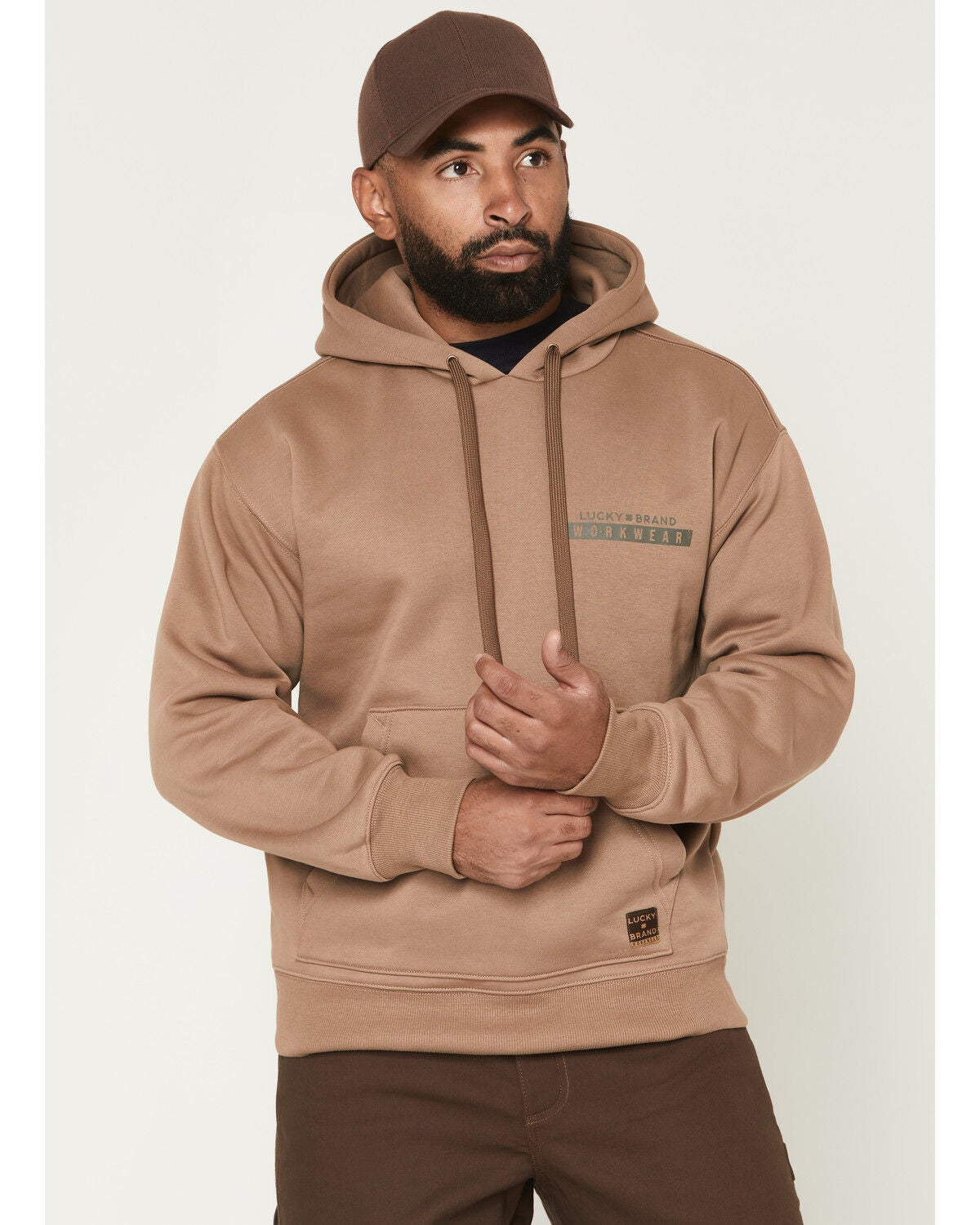 Image #1 - Lucky Brand Workwear Men's Logo Graphic Hooded Sweatshirt, Taupe, hi-res