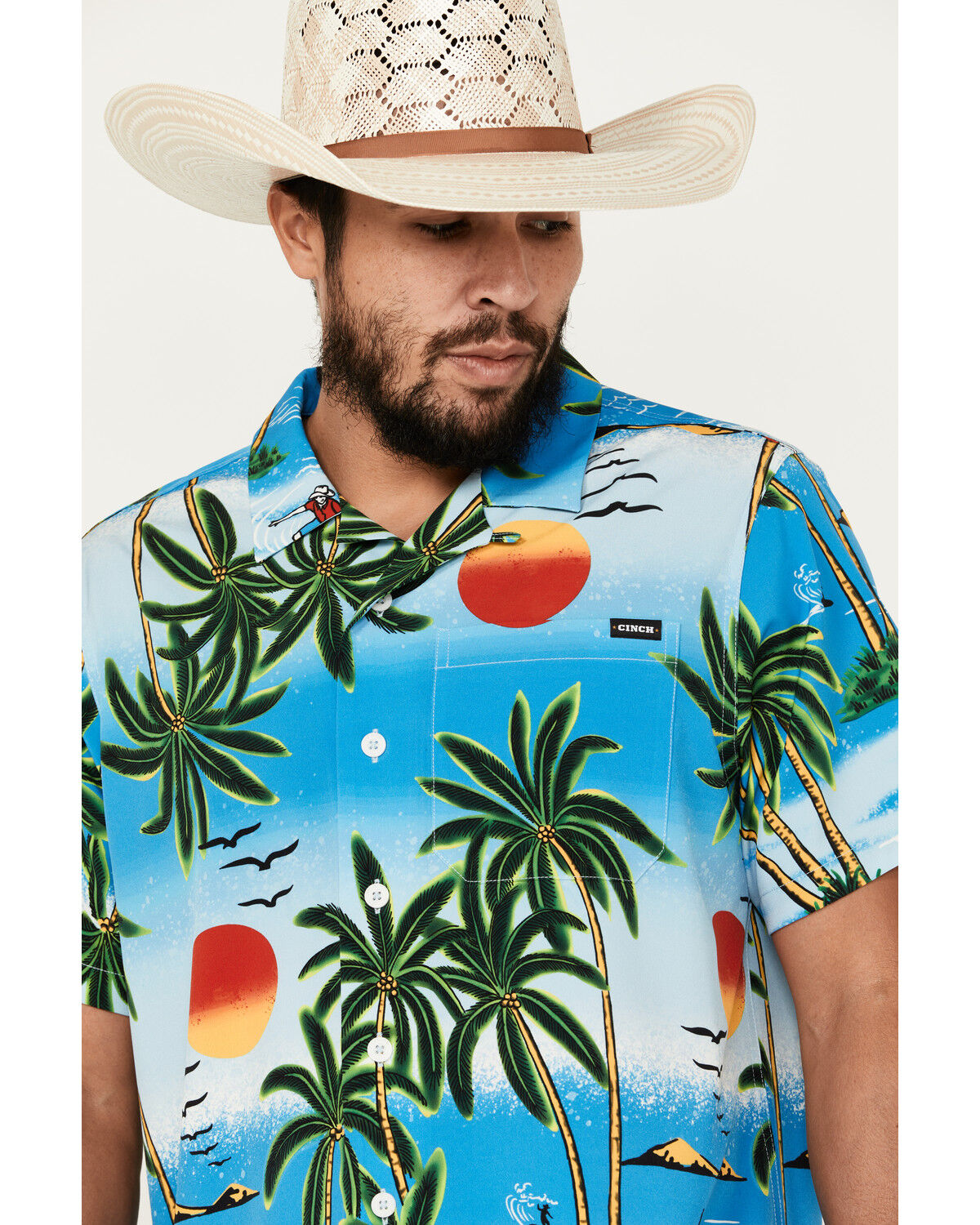 Image #2 - Cinch Men's Camp Ocean And Palm Trees Short Sleeve Button-Down Shirt, Blue, hi-res