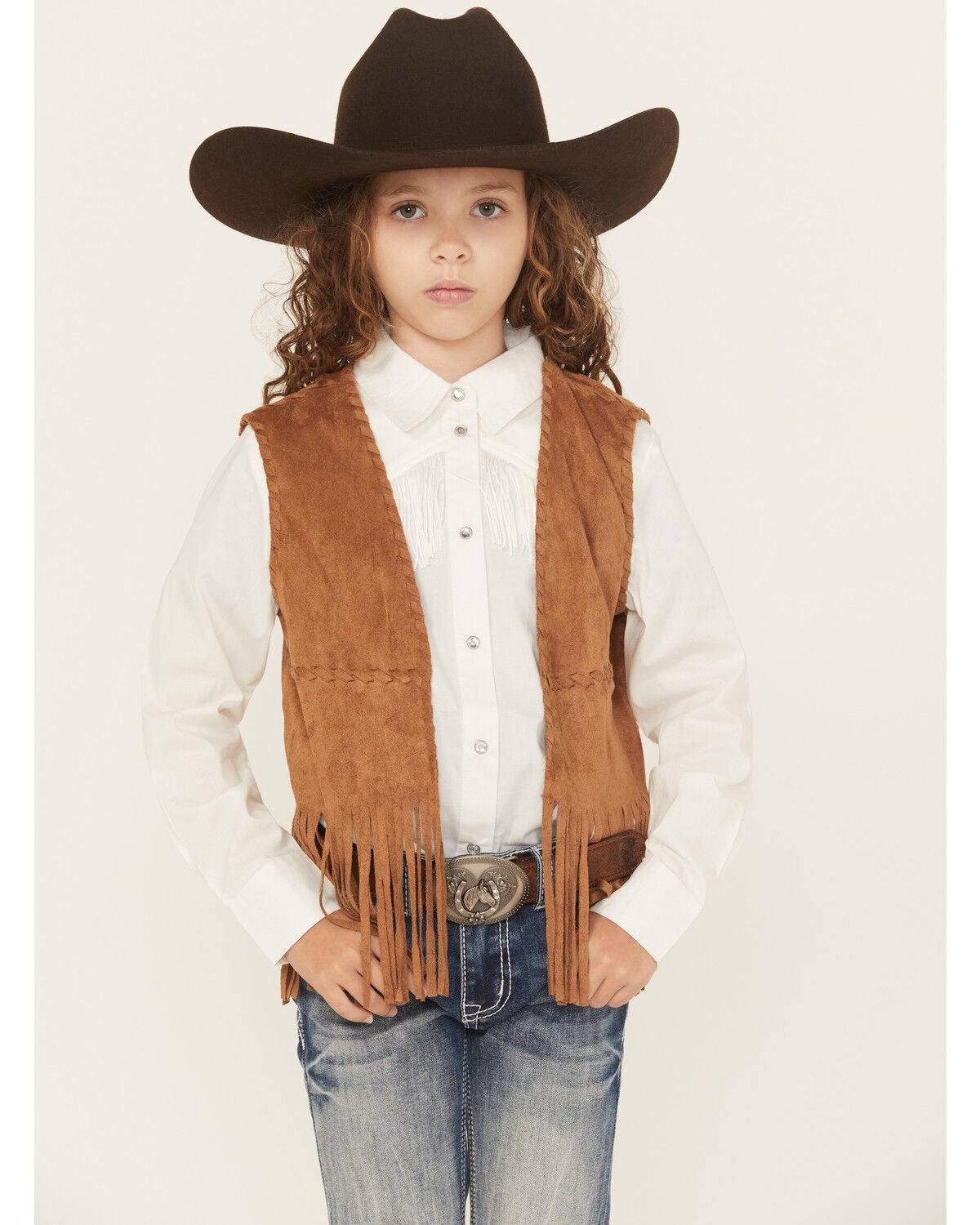 Fornia Girls' Faux Suede Whipstitch Fringe Vest, Camel, hi-res