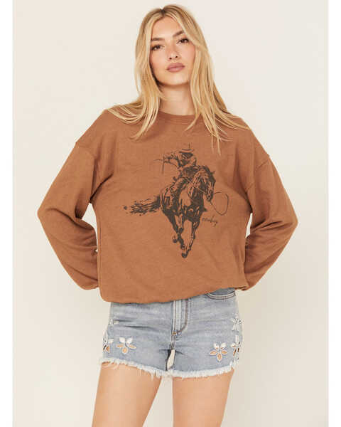 Image #1 - La La Land Women's Cowboy Graphic Crewneck Sweatshirt , Rust Copper, hi-res