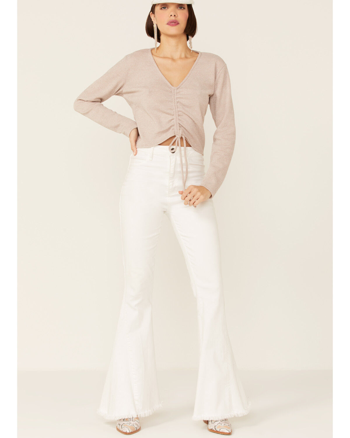 Image #4 - Wild Moss Women's Ribbed Lurex Cinch Front Knit Top, Ivory, hi-res