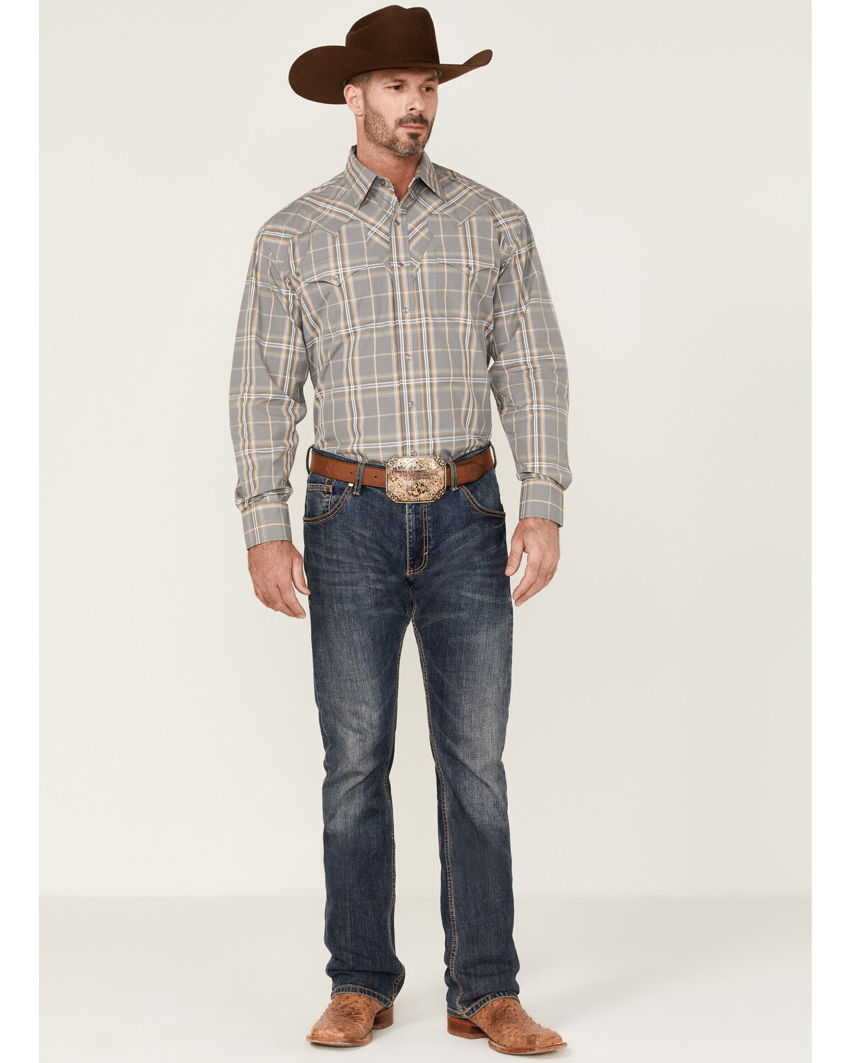 Image #2 - Stetson Men's Smoke Plaid Long Sleeve Snap Western Shirt, Grey, hi-res