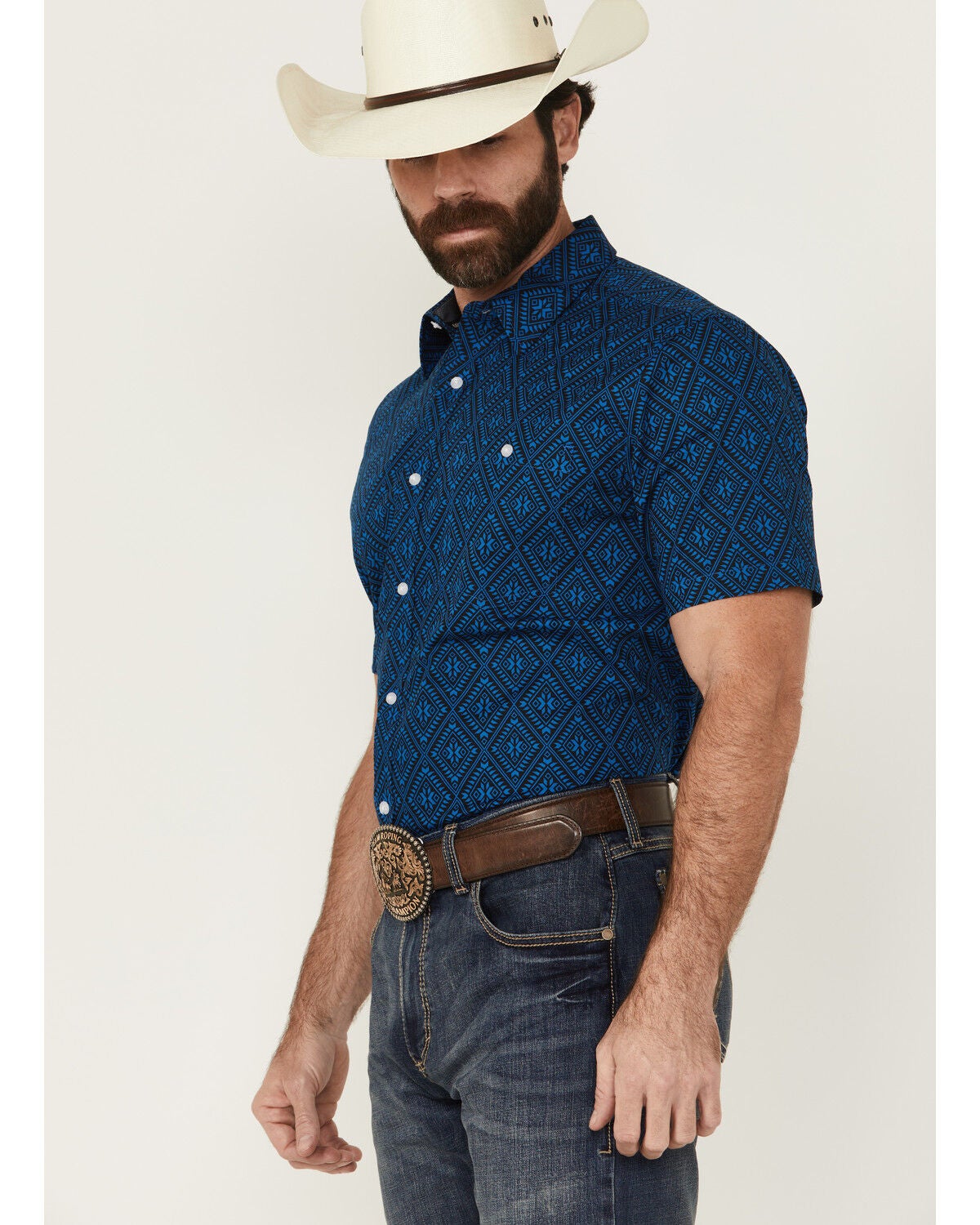 Image #2 - RANK 45&reg; Men's Ribbon Medallion Print Short Sleeve Button-Down Stretch Western Shirt, Blue, hi-res
