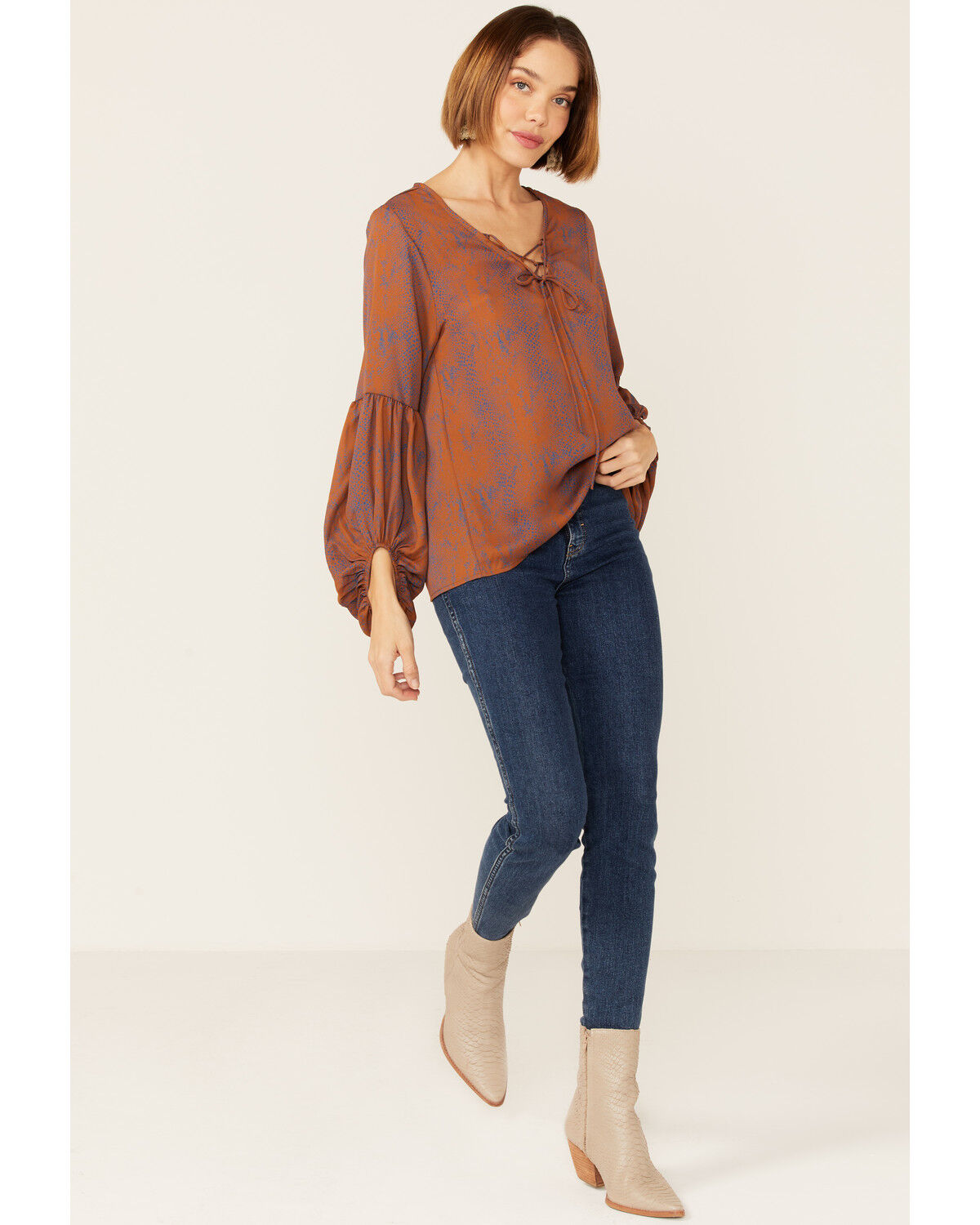 Image #4 - Saints & Hearts Snake Print Tie Front Blouse, Rust Copper, hi-res