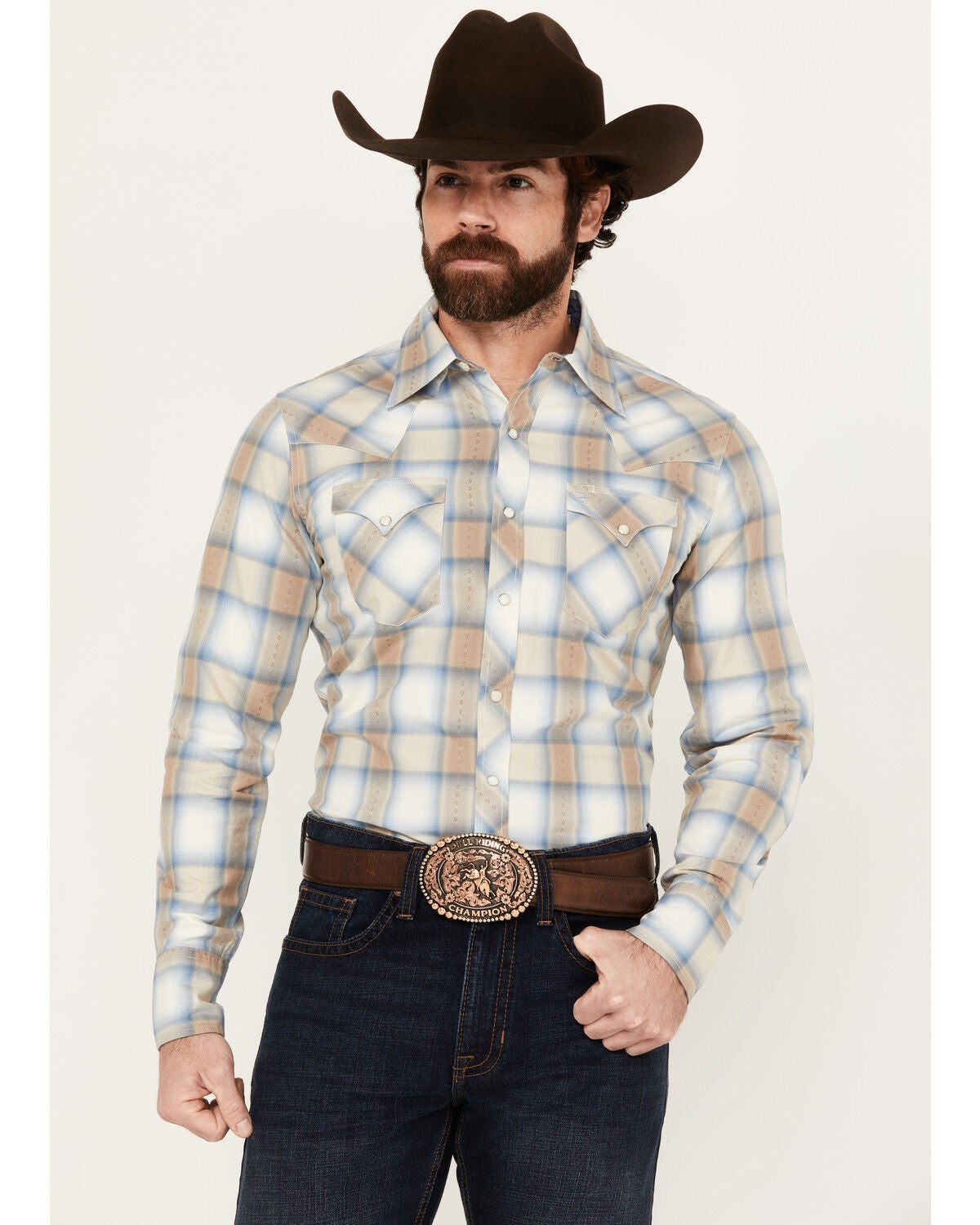 Stetson Men's Dobby Plaid Print Long Sleeve Snap Western Shirt, Tan, hi-res