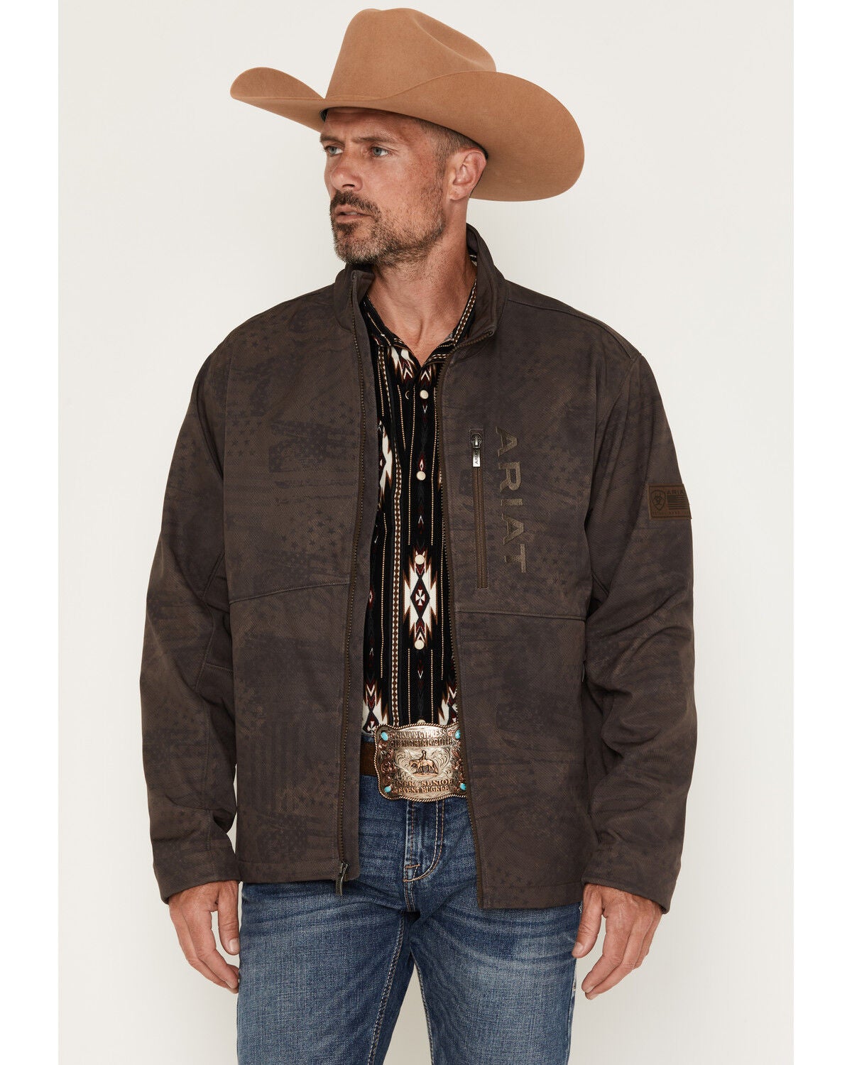 Image #1 - Ariat Men's Americana Patriot Flag Softshell Jacket, Brown, hi-res