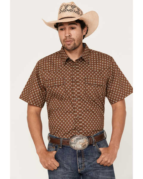 Image #1 - Cody James Men's Rabbit Foot Geo Print Short Sleeve Snap Western Shirt, Dark Brown, hi-res