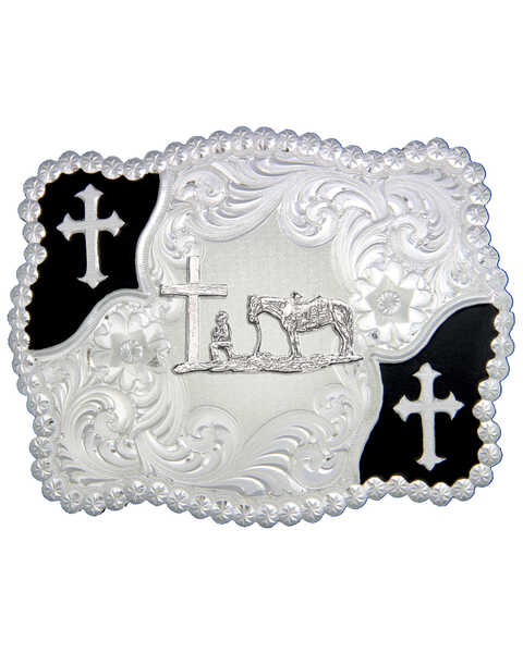 Montana Silversmiths Men's Cowboy & Crosses Buckle, Silver, hi-res