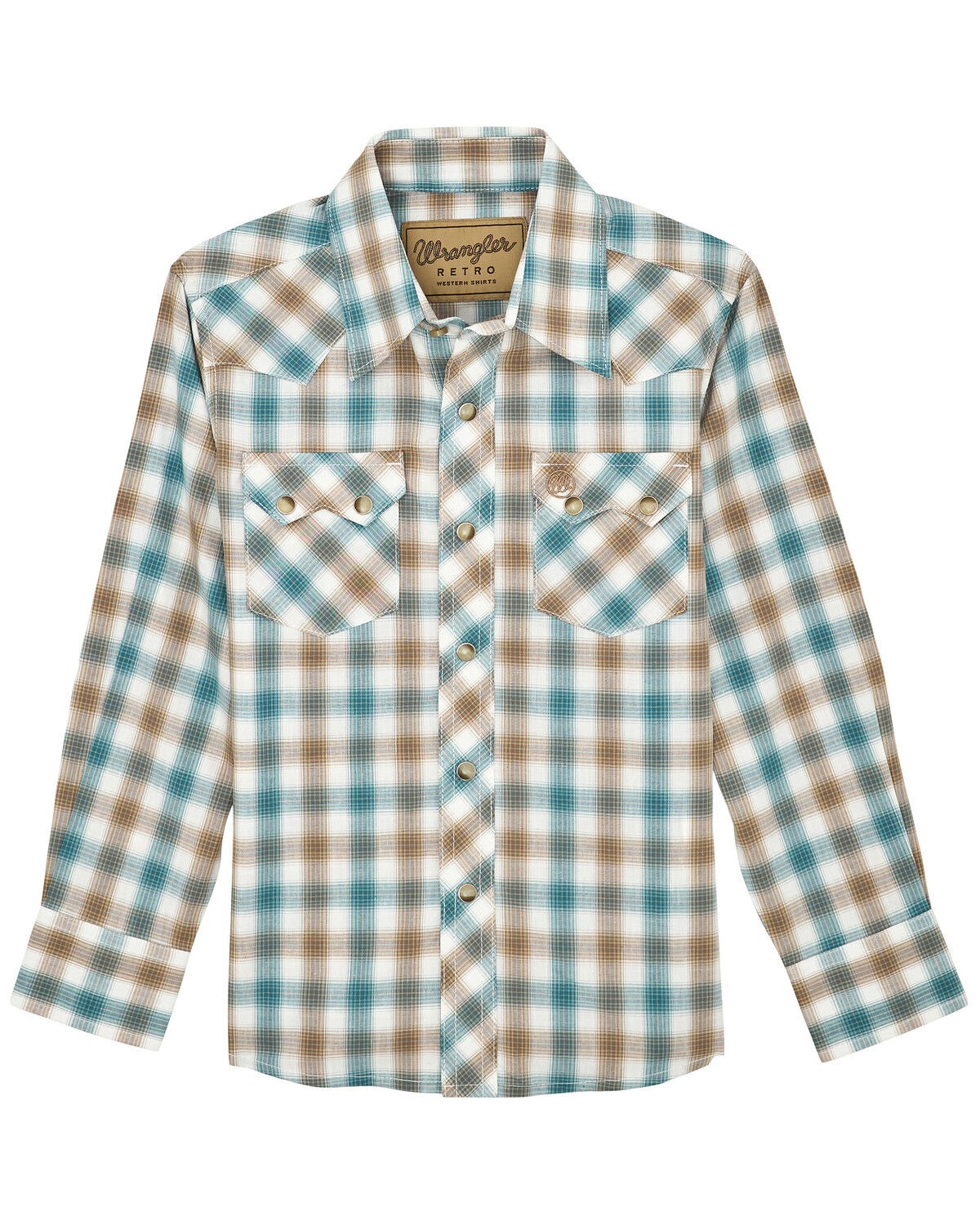 Wrangler Retro Boys' Plaid Print Long Sleeve Snap Western Shirt, Cream, hi-res