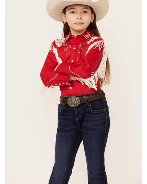 Image #1 - Rockmount Ranchwear Girls' Vintage Long Sleeve pearl Snap Western Shirt , Red, hi-res