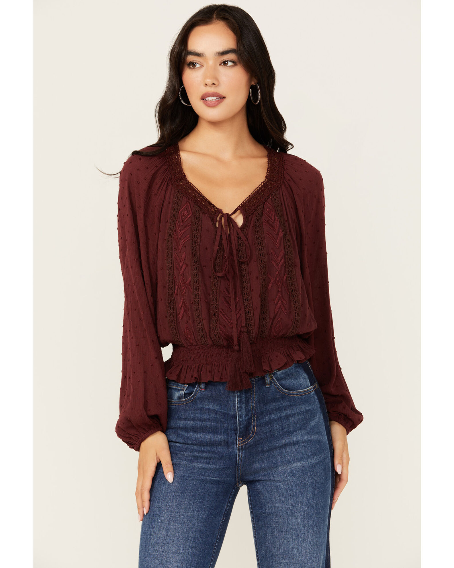 Miss Me Women s Boot Barn Exclusive Swiss Dot Long Sleeve Peasant Top Sheplers