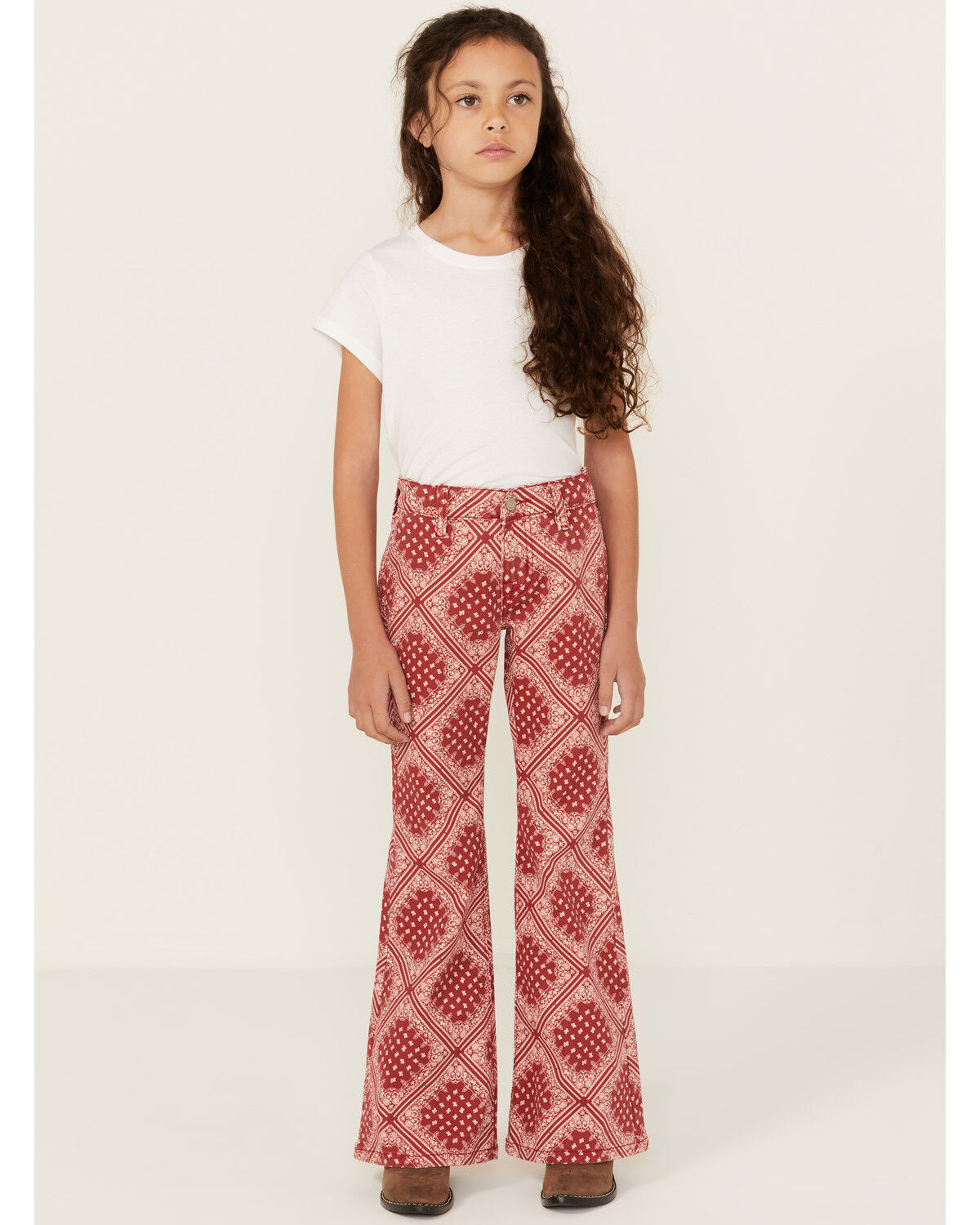 Image #1 - Panhandle Girls' Bandana Print Flare Stretch Denim Jeans, Red, hi-res