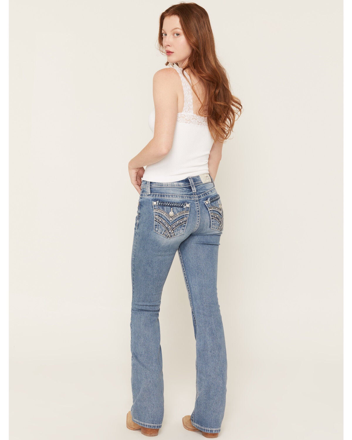 Image #1 - Miss Me Women's Medium Wash Mid Rise Faux Flap Pocket Bootcut Stretch Denim Jeans, Medium Wash, hi-res