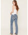 Image #1 - Miss Me Women's Medium Wash Mid Rise Faux Flap Pocket Bootcut Stretch Denim Jeans, Medium Wash, hi-res