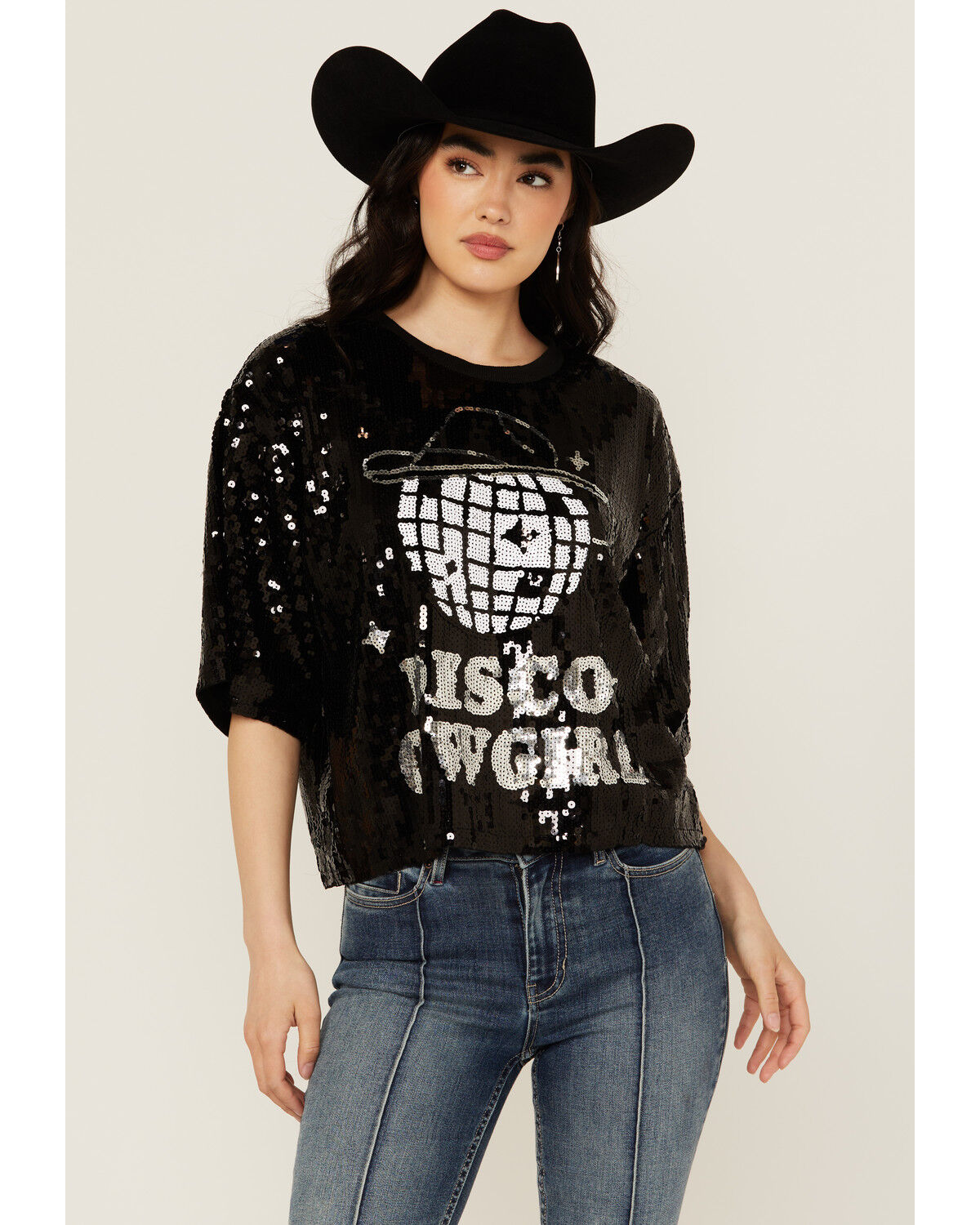 Image #1 - Mainstrip Women's Disco Cowgirl Sequins Short Sleeve Graphic Tee, Black, hi-res