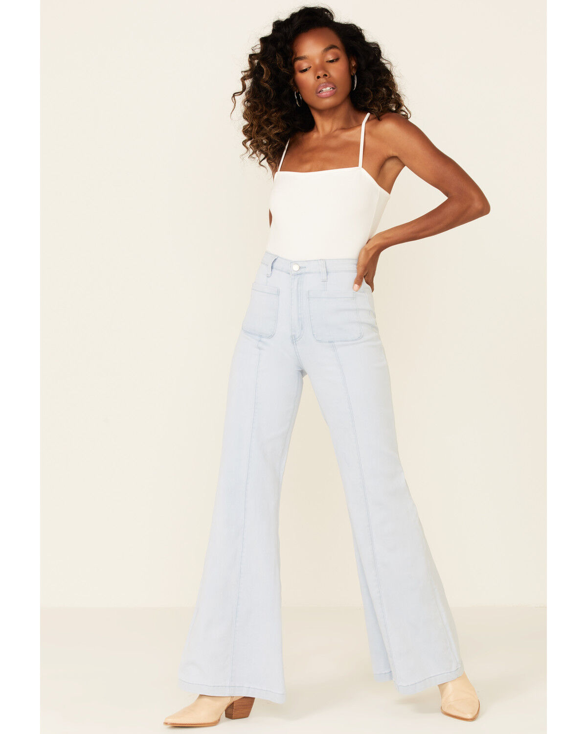 Image #1 - Flying Tomato Women's Front Pocket Flare Leg Jeans, Blue, hi-res