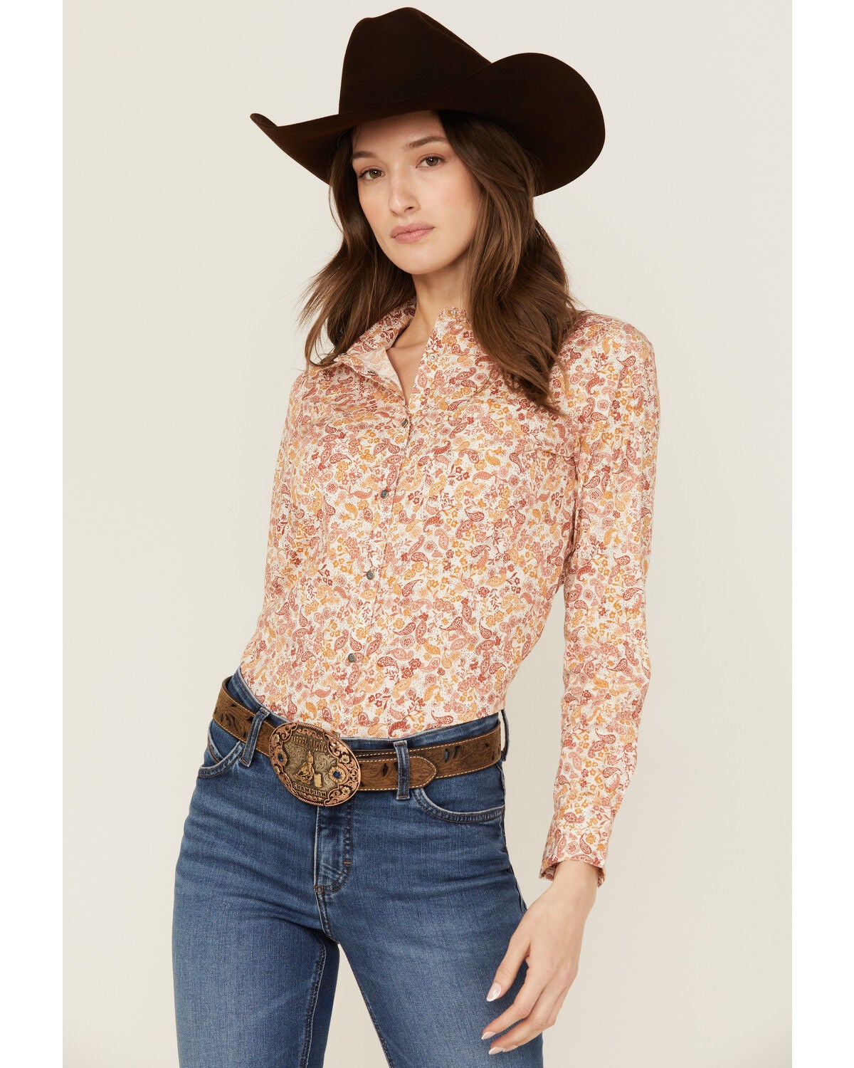 Shyanne Women's Paisley Print Long Sleeve Snap Stretch Western Shirt, Gold, hi-res