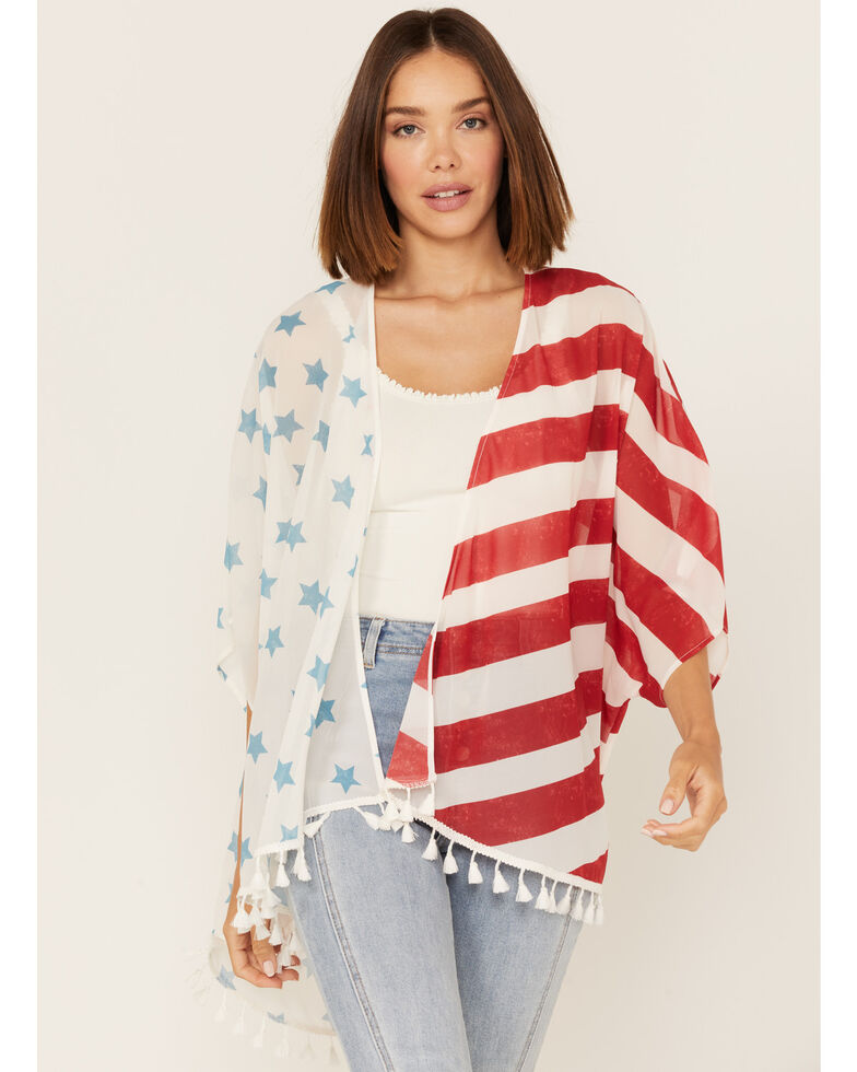 Cruel Girl Women's American Flag Tassel Kimono, White, hi-res