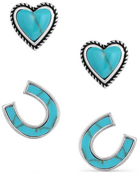 Montana Silversmiths Women's Heart & Horseshoe Turquoise Earrings - 2 Piece , Silver, hi-res