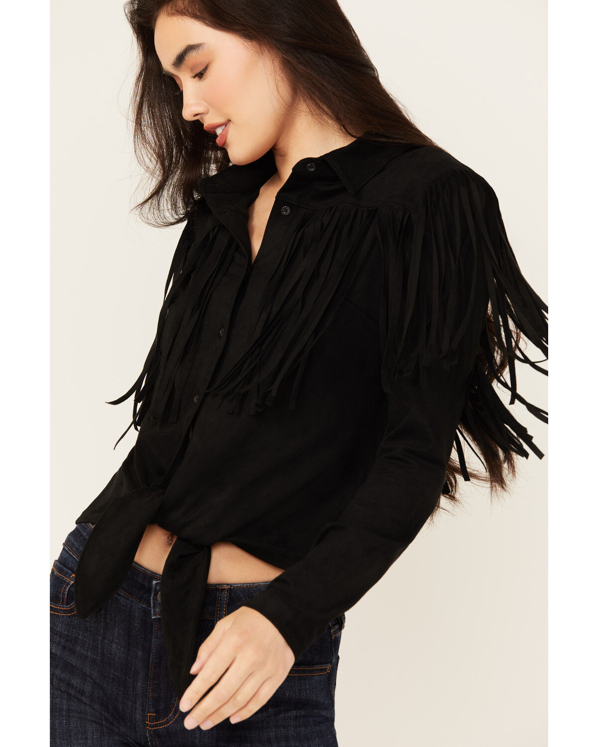 Image #2 - Idyllwind Women's Fate Faux Suede Fringe Long Sleeve Button-Down Tie-Front Shirt, Black, hi-res