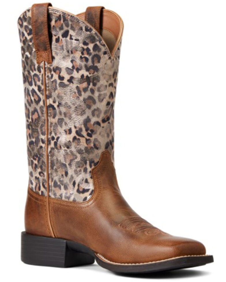 Ariat Women's Round Up Leopard Print Western Boots - Wide Square Toe, Brown, hi-res