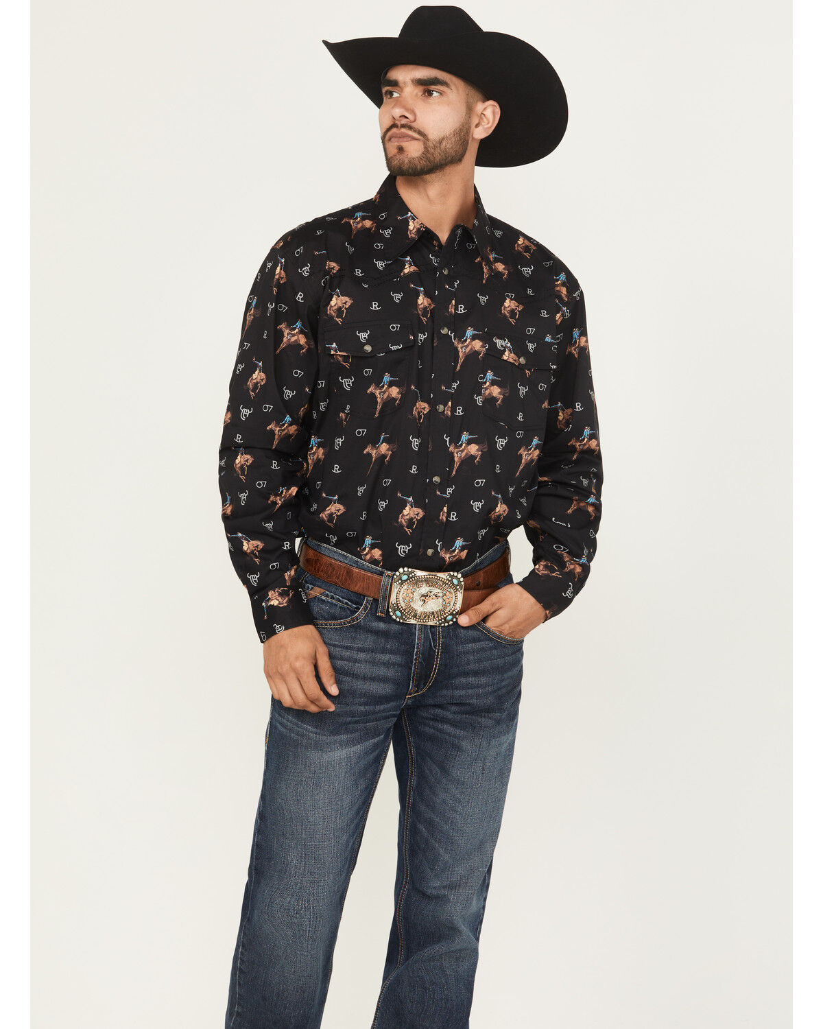 Image #1 - Cowboy Hardware Men's Vintage Bronco Print Long Sleeve Snap Stretch Western Shirt, Black, hi-res