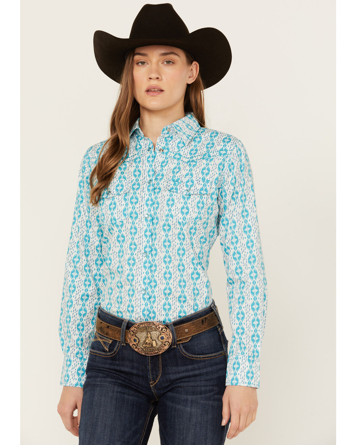 Image #1 - Cowgirl Hardware Women's Southwestern Print Long Sleeve Snap Western Shirt, Turquoise, hi-res