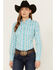 Image #1 - Cowgirl Hardware Women's Southwestern Print Long Sleeve Snap Western Shirt, Turquoise, hi-res