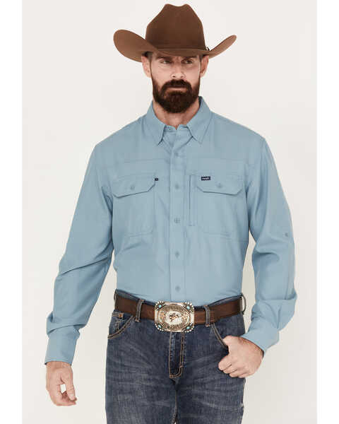 Wrangler Men's Solid Performance Long Sleeve Button Down Shirt, Blue, hi-res