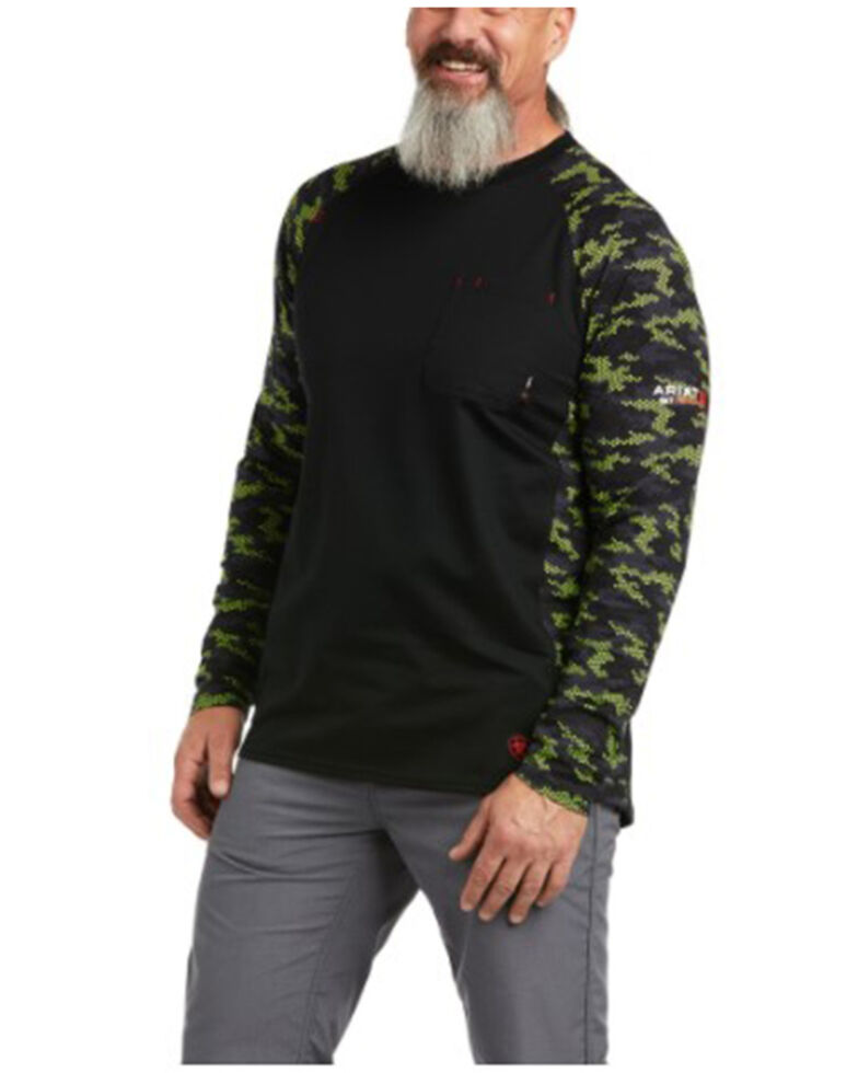 Ariat Men's Black & Lime Camo FR Stretch Long Sleeve Baseball Work T-Shirt - Tall , Black, hi-res