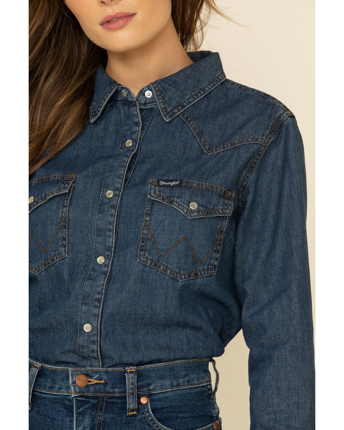 Image #4 - Wrangler Women's Dark Wash Long Sleeve Pearl Snap Denim Western Shirt, Blue, hi-res