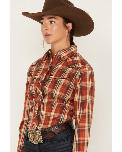Image #2 - Roper Women's Plaid Print Long Sleeve Pearl Snap Western Shirt, Rust Copper, hi-res