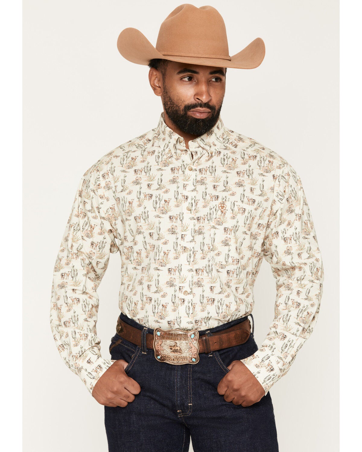 Image #1 - Ariat Men's Luthor Scenic Print Long Sleeve Button-Down Western Shirt, Cream, hi-res