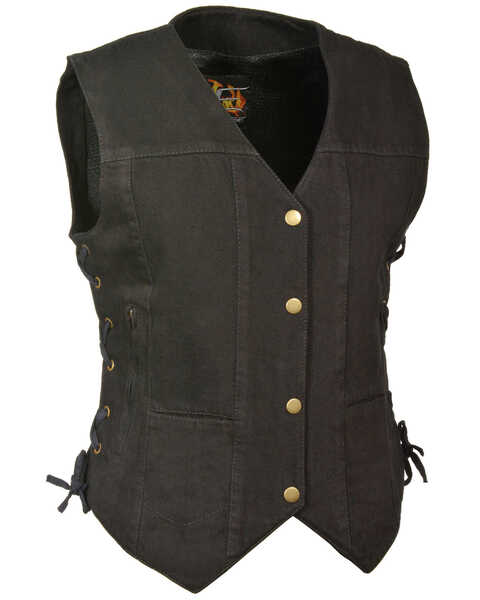 Milwaukee Leather Women's 6 Pocket Side Lace Denim Vest - 3X/4X, Black, hi-res