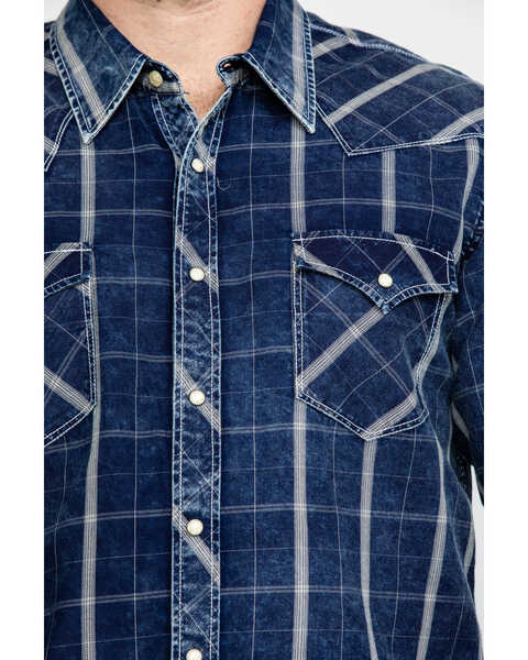 Rock & Roll Denim Men's Crinkle Plaid Long Sleeve Western Shirt , Blue, hi-res